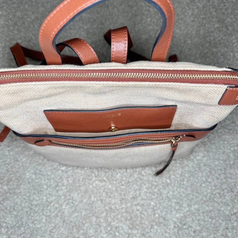 Lodis Pippa Backpack Cream Jute Cotton Tan Leather Trim Zip Top Bat